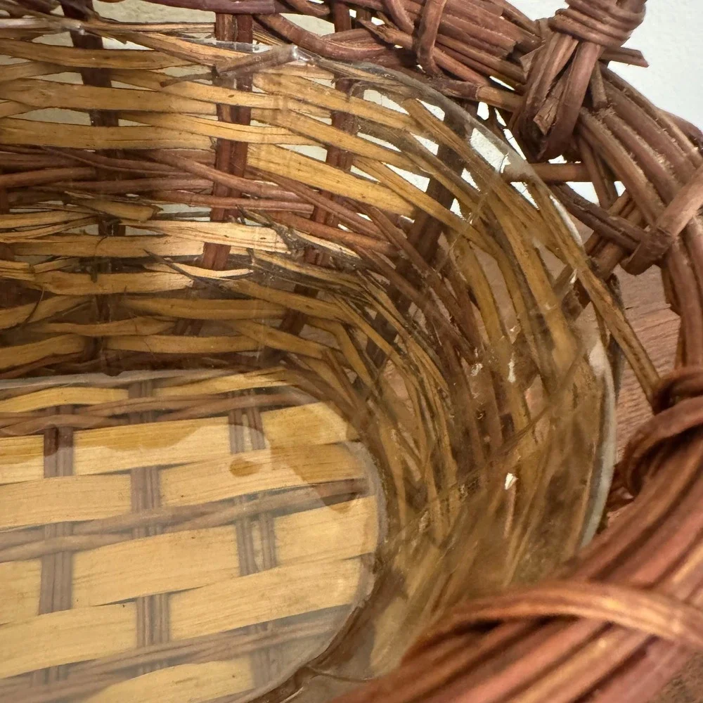 Vintage Rustic Handwoven Twig Vine Oval Basket Planter Plastic Liner Handles